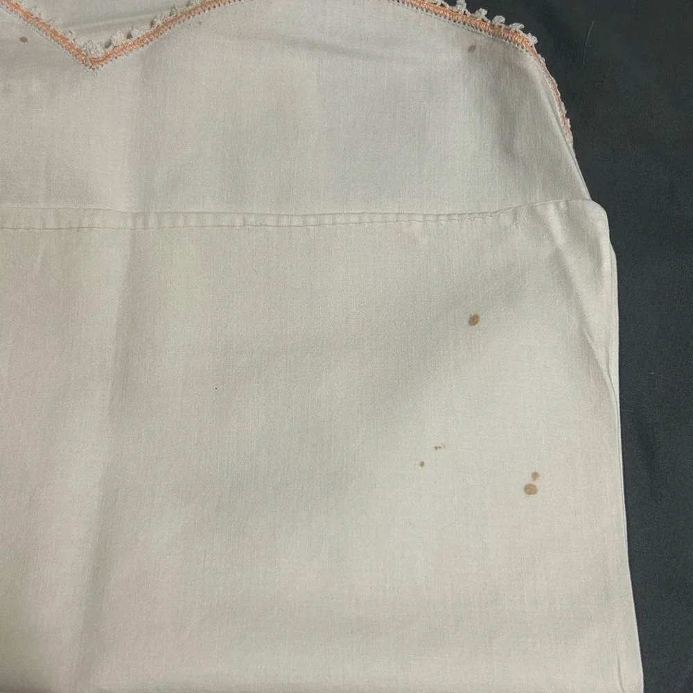 Vintage Pair‎ of Pillowcases with Peach and White Crochet Inset and Trim